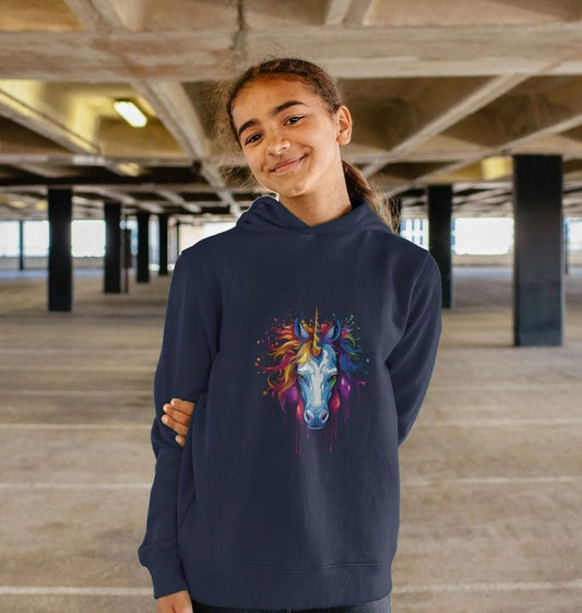 Navy blue hoodie with unicorn graphic (person)