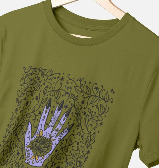 Olive green t-shirt with floral hand design