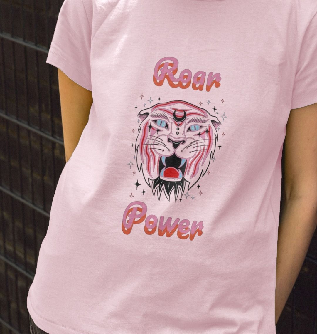 Pink t-shirt with tiger and "Roar Power" design (person)