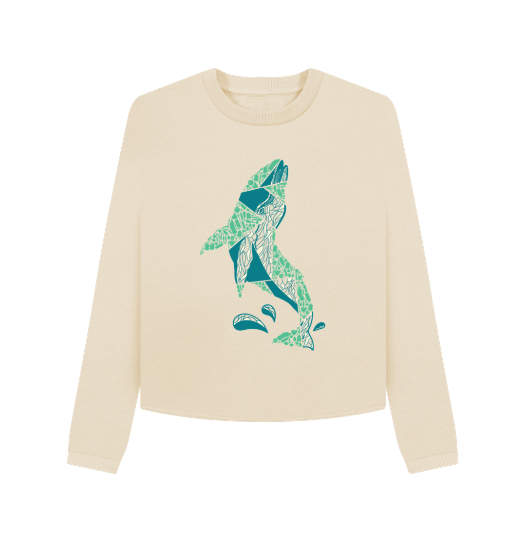 Cream-colored sweatshirt with green whale design