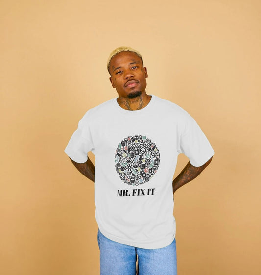 White t-shirt with "Mr. Fix It" text and gear design (person)