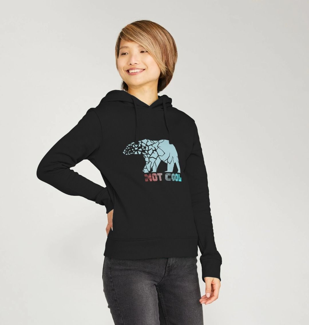 Black hoodie with colorful bear graphic (person)