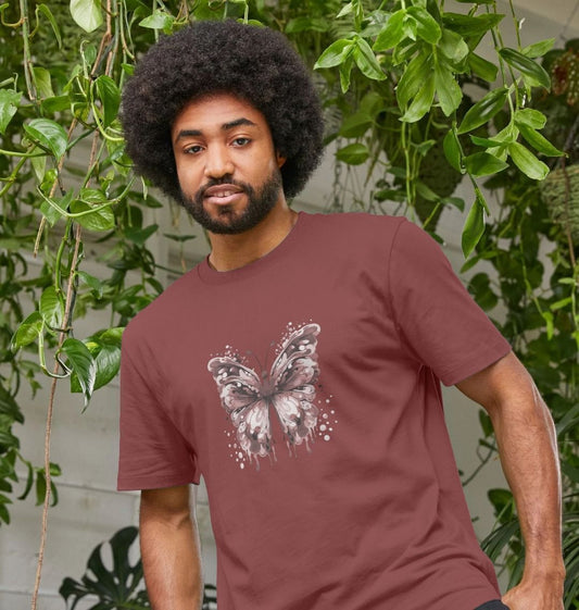 Maroon t-shirt with butterfly design (person)