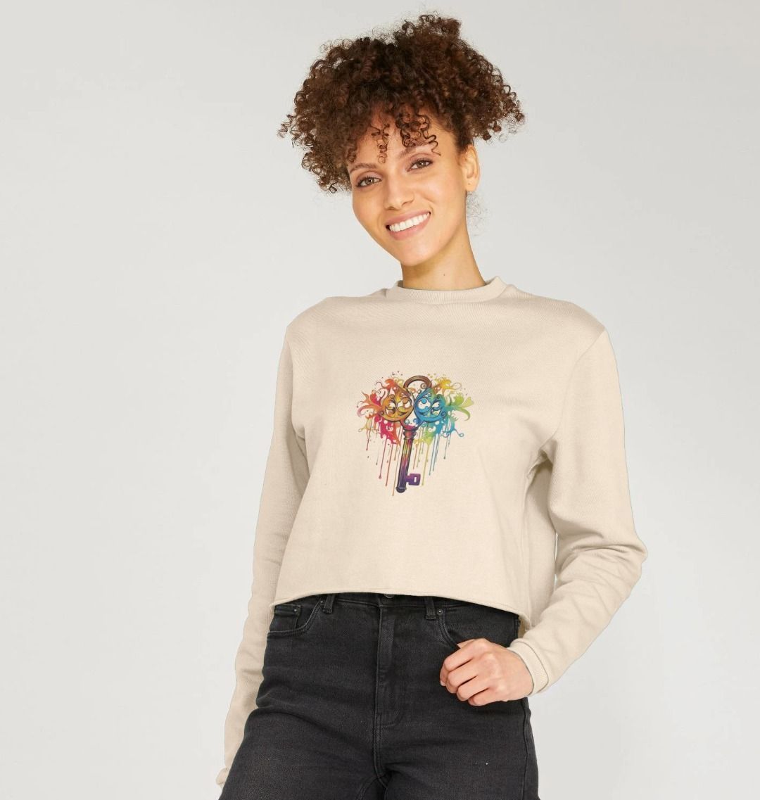 Beige cropped sweatshirt with colorful key design (person)