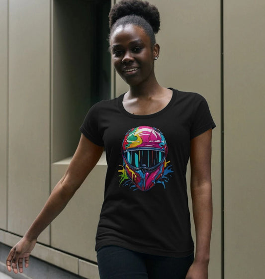 Black t-shirt with colorful motorcycle helmet graphic (person)
