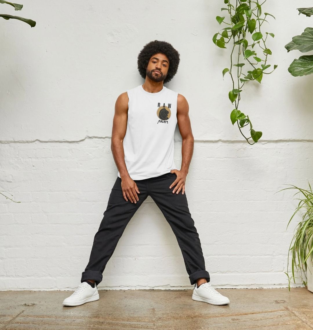 White sleeveless t-shirt with "RAW power" logo (person)