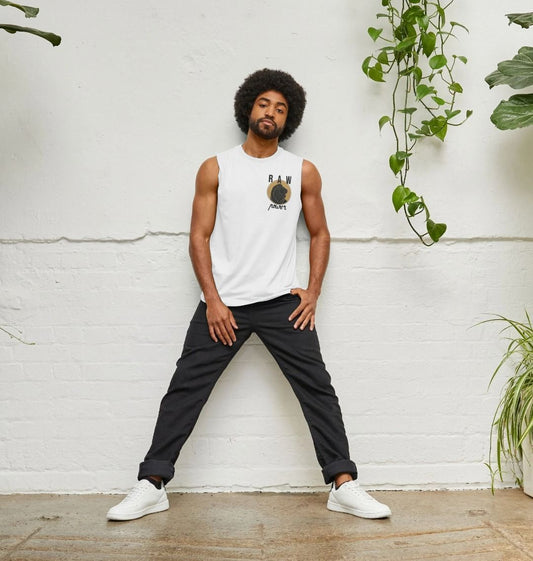 White sleeveless t-shirt with "RAW power" logo (person)