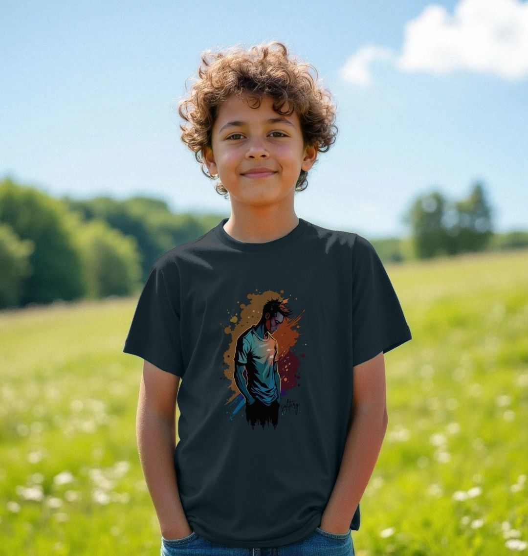 Black t-shirt with colorful graphic design (person)