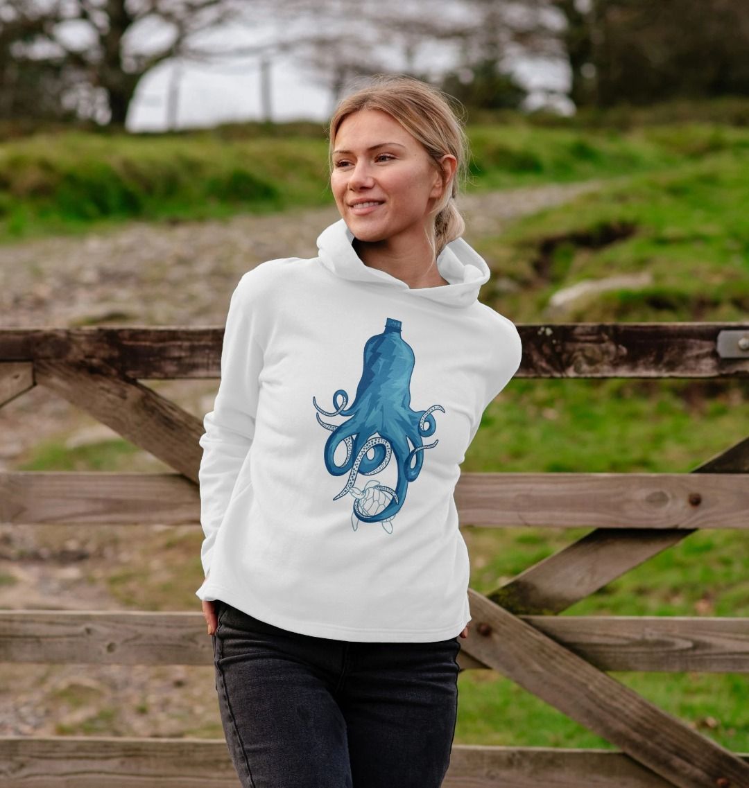 White hoodie with blue octopus design (person)