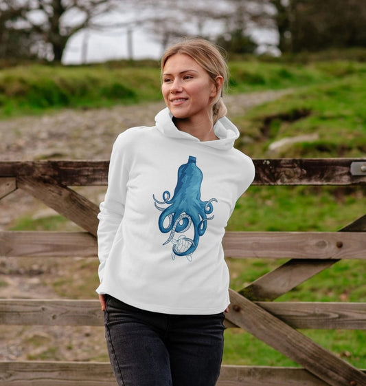 White hoodie with blue octopus design (person)
