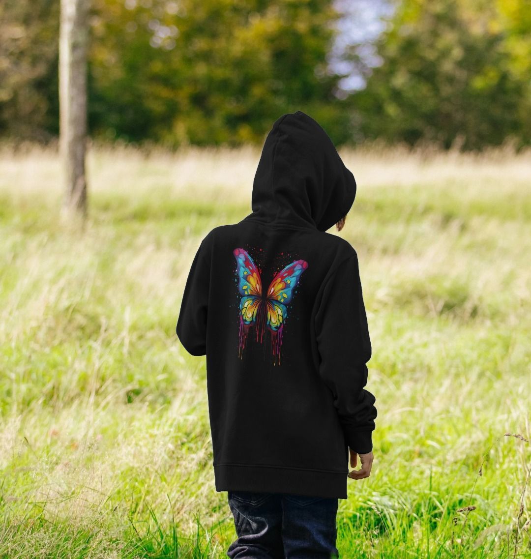 Black hoodie with colorful butterfly design (person)