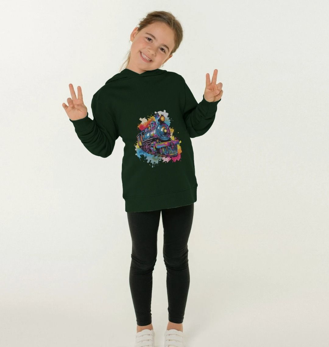 Dark green hoodie with colorful train graphic (person)