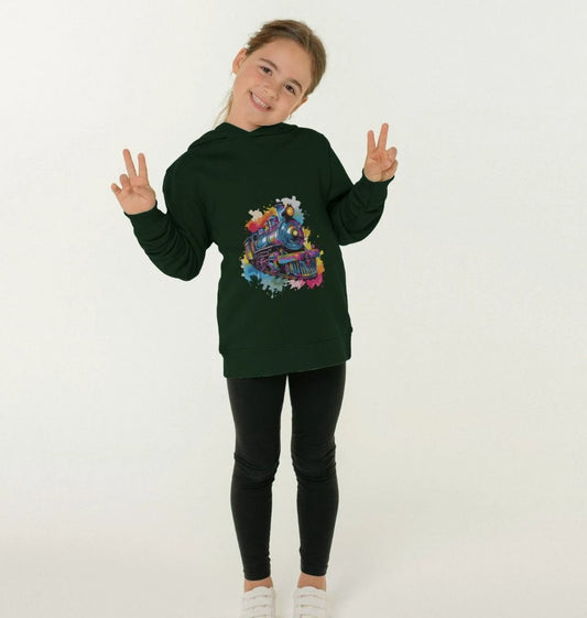 Dark green hoodie with colorful train graphic (person)