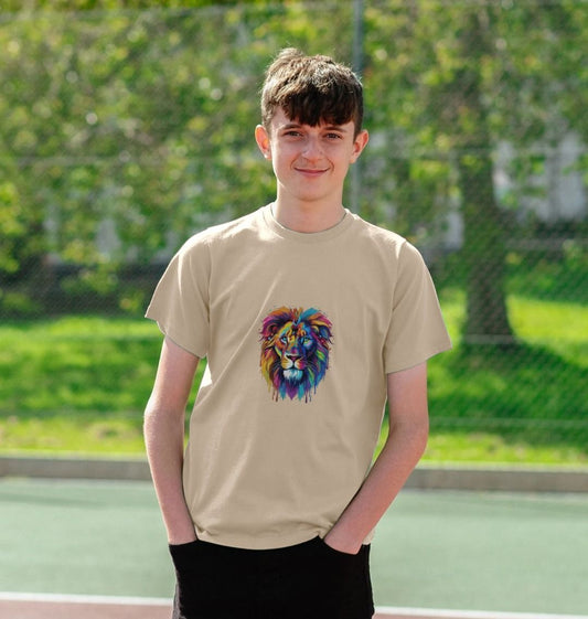 Beige t-shirt with colorful lion graphic (person)