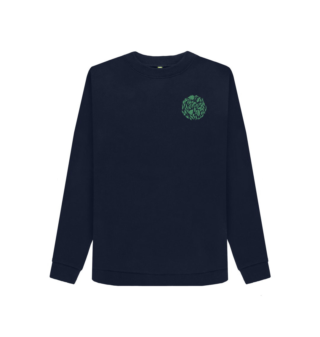 Navy blue sweatshirt with green leaf design