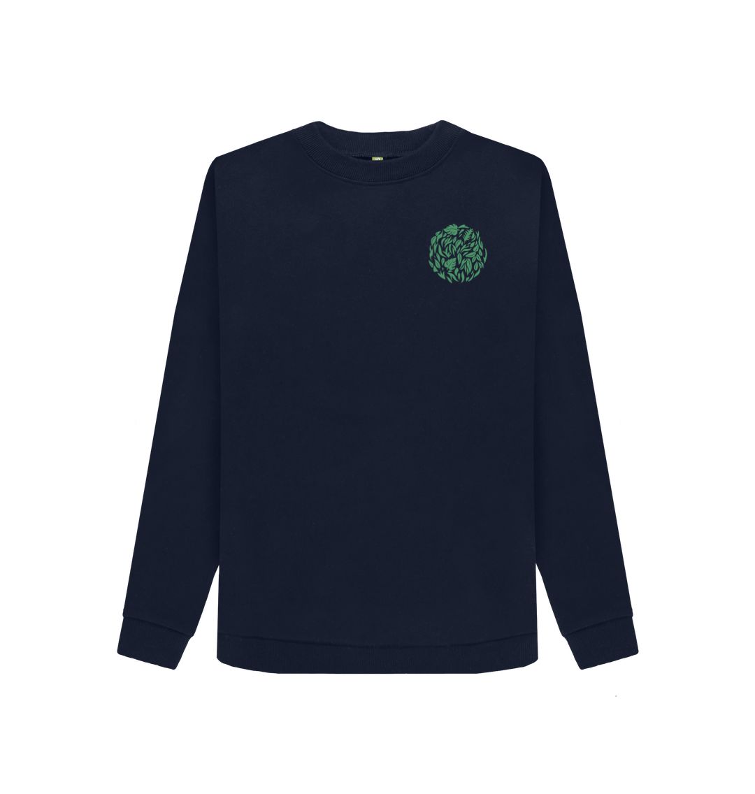 Navy blue sweatshirt with green leaf design