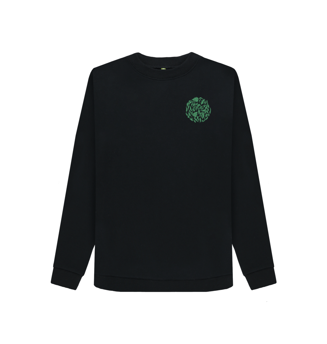 Black long-sleeve sweatshirt with green leaf design