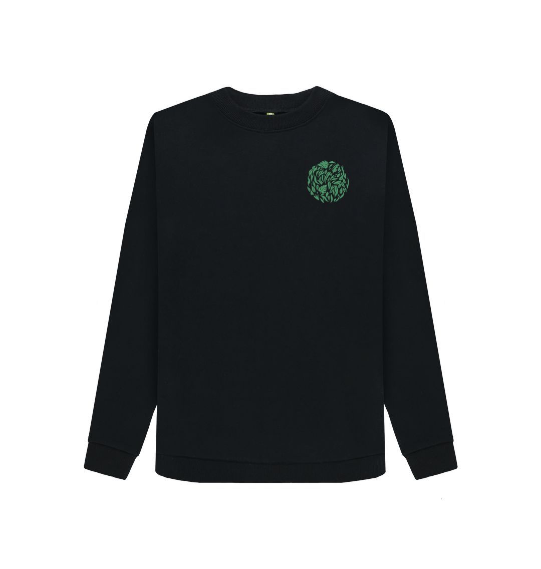 Black crewneck sweatshirt with green leaf design