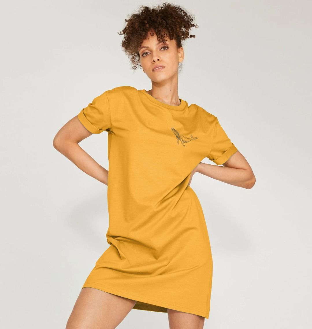 Mustard yellow t-shirt dress with whale graphic (person)