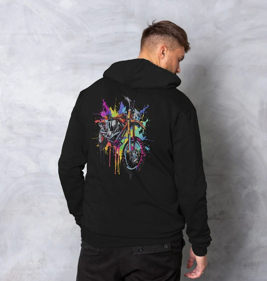 Black hoodie with colorful motorcycle graphic (person)