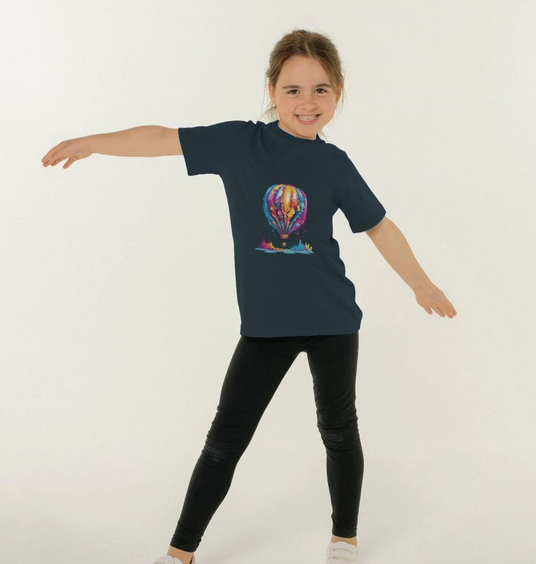 Navy blue t-shirt with colorful hot air balloon design (person)