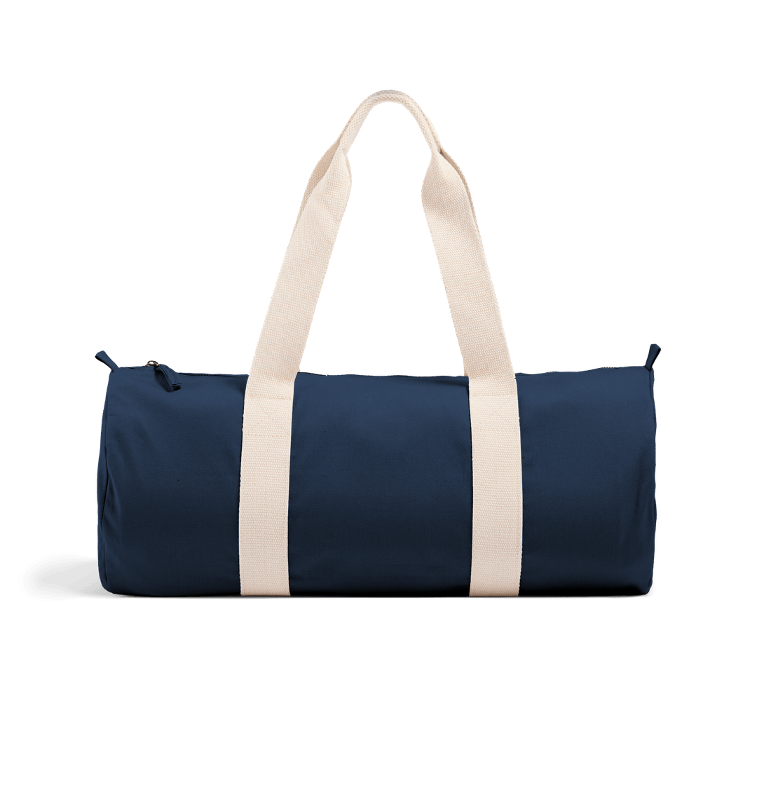 Navy blue cylindrical duffel bag with white handles