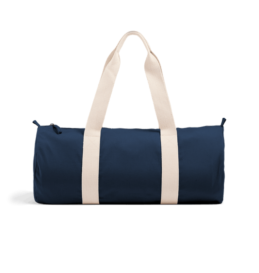 Navy blue cylindrical duffel bag with white handles