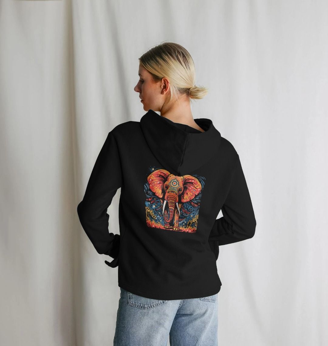 Black hoodie with colorful elephant design (person)