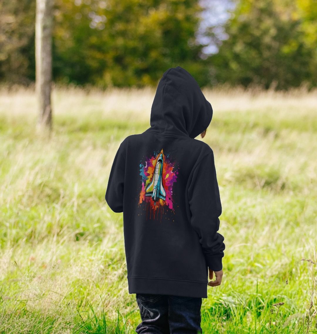 Black hoodie with colorful rocket graphic (person)