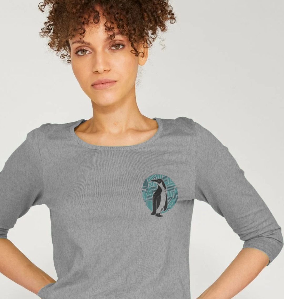 Gray long-sleeve t-shirt with penguin graphic (person)