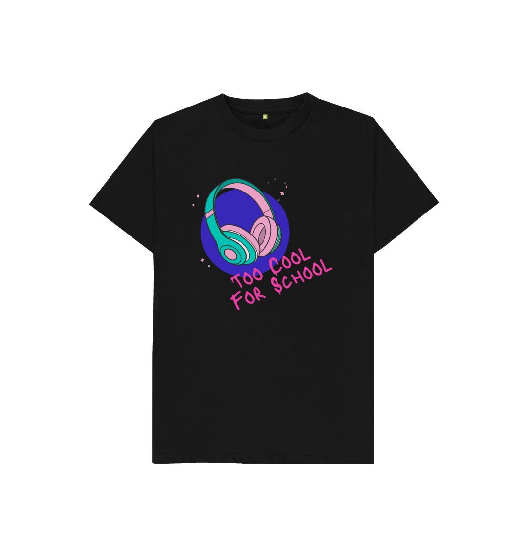 Black t-shirt with headphones and text