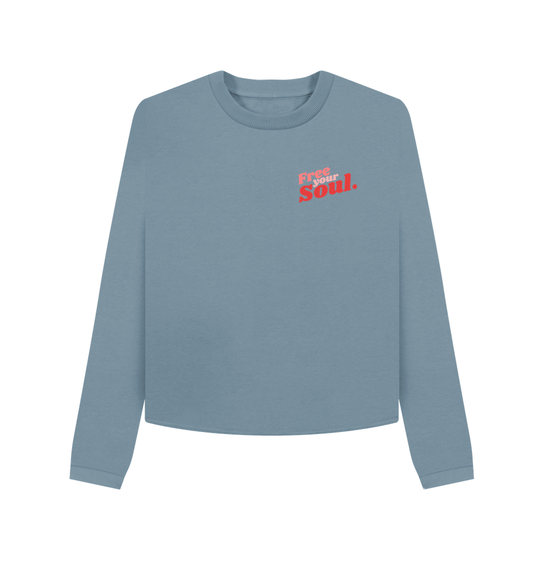 Light blue long-sleeve sweatshirt with "Free Your Soul" text