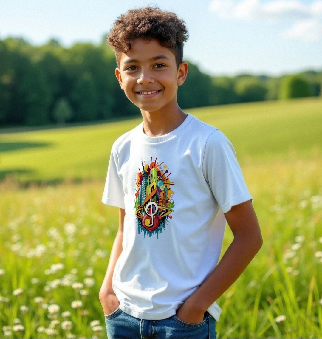 White t-shirt with colorful music-themed graphic (person)