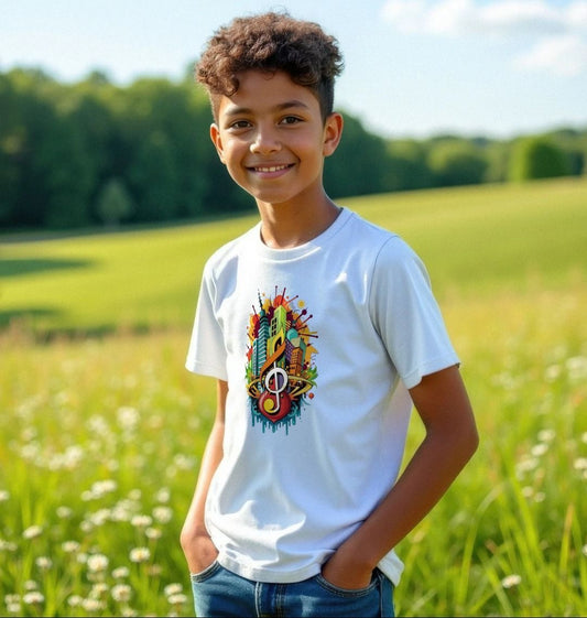 White t-shirt with colorful music-themed graphic (person)