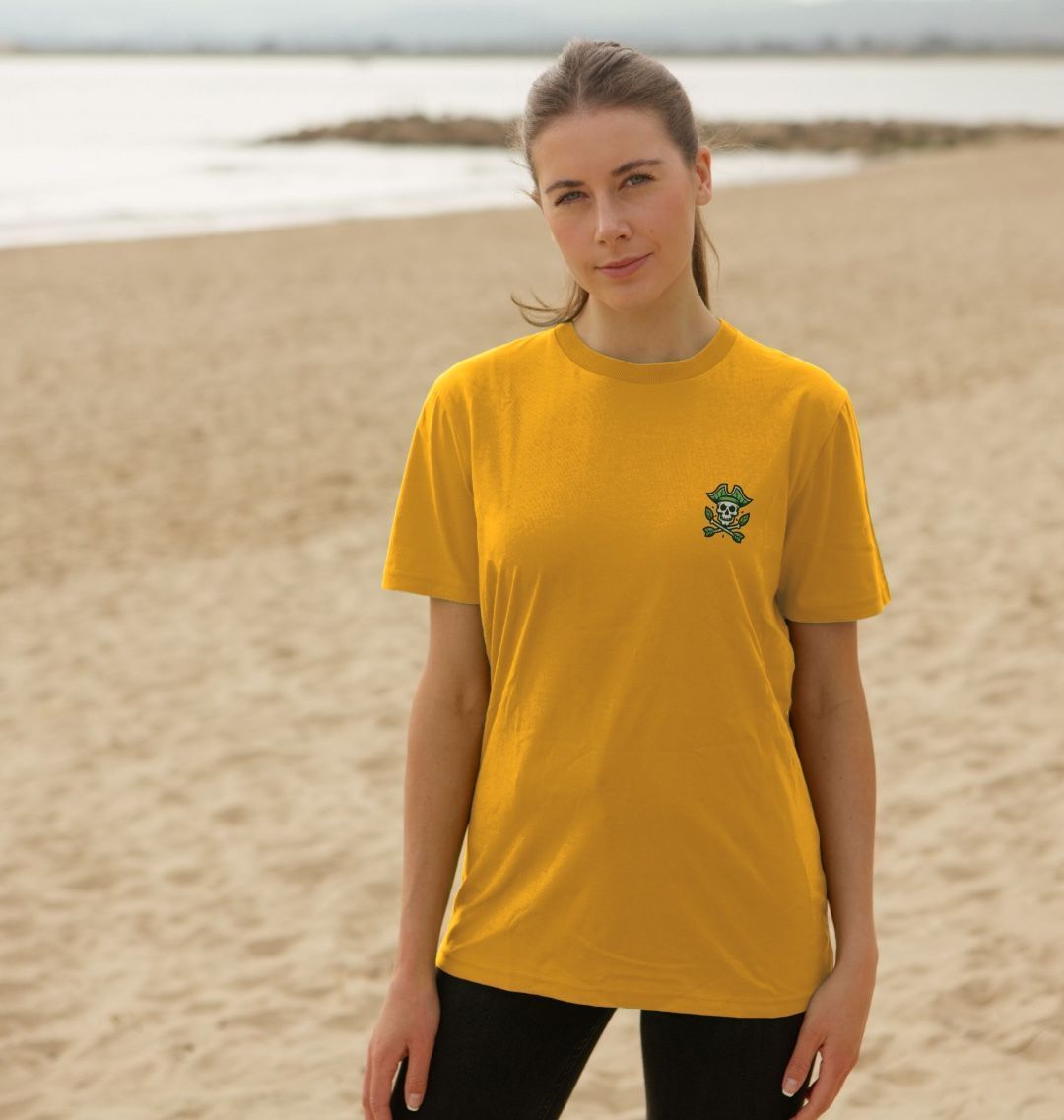 Yellow t-shirt with skull and crossbones design (person)