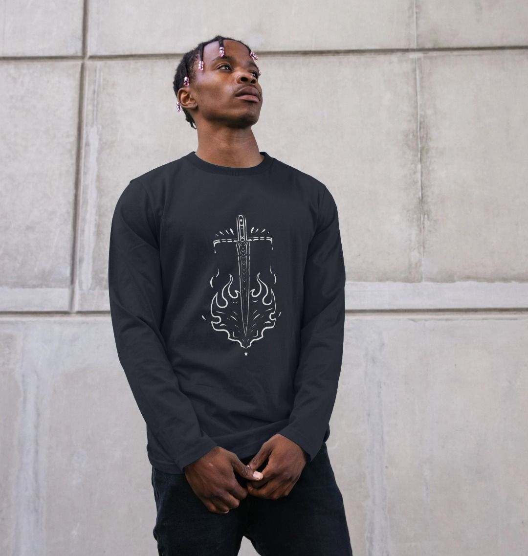 Black long-sleeve t-shirt with sword graphic (person)