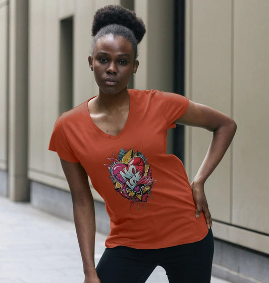 Orange t-shirt with "No Love" graphic (person)