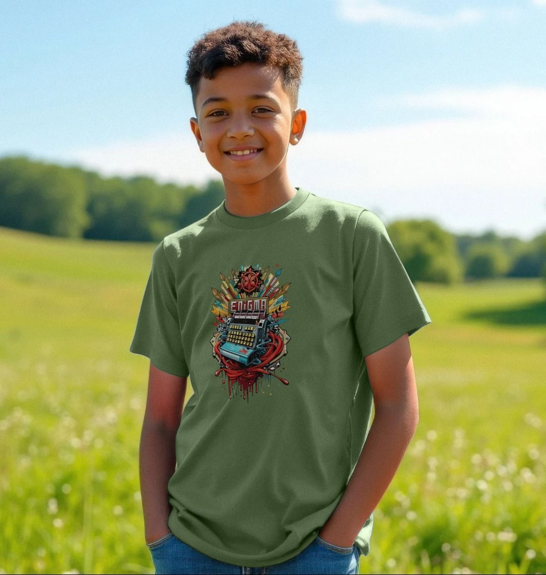 Olive green t-shirt with graphic design (person)