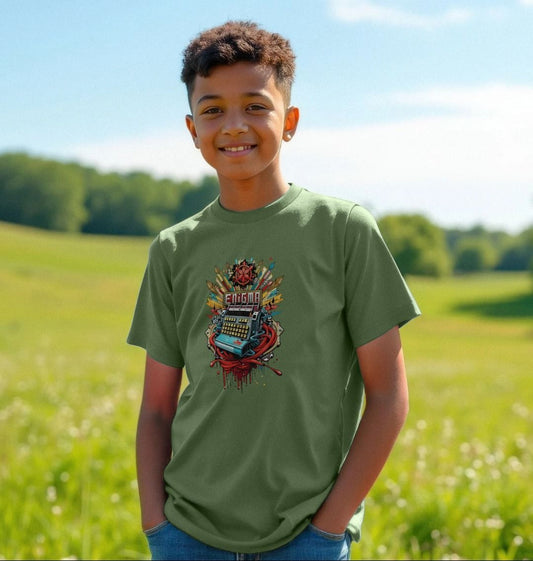 Olive green t-shirt with graphic design (person)