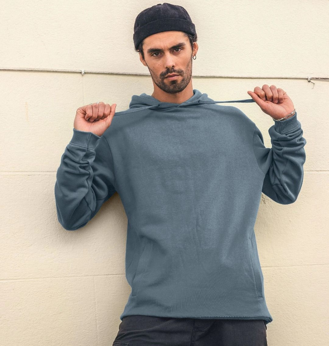 Blue hoodie with drawstring hood (person)