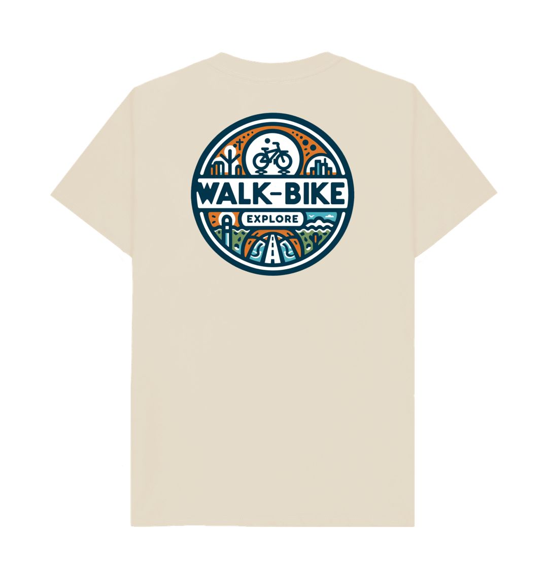 Beige t-shirt with "WALK-BIKE" and "EXPLORE" logo