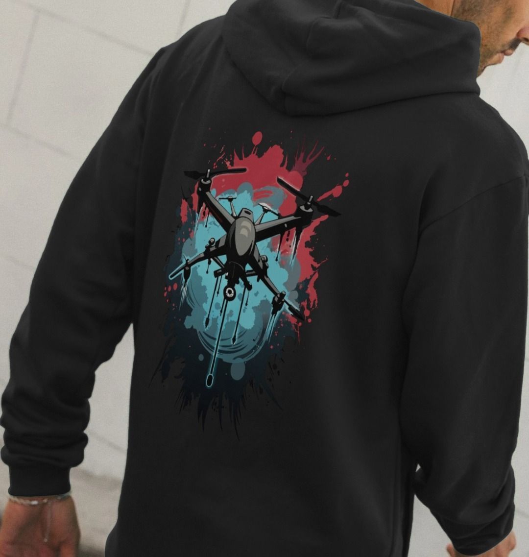 Black hoodie with drone graphic (person)