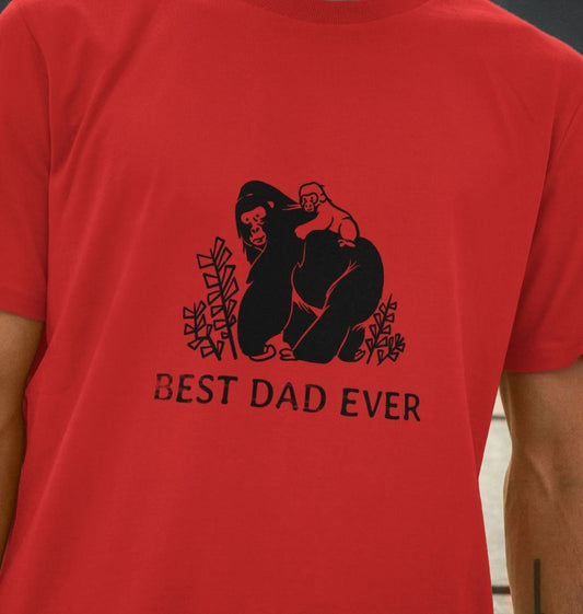 Red t-shirt with gorilla and text (person)