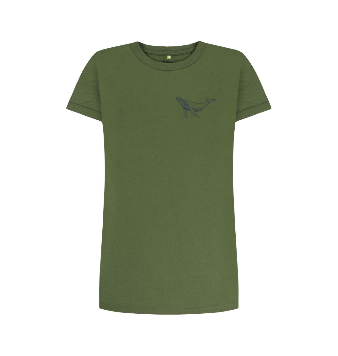 Olive green t-shirt with whale graphic