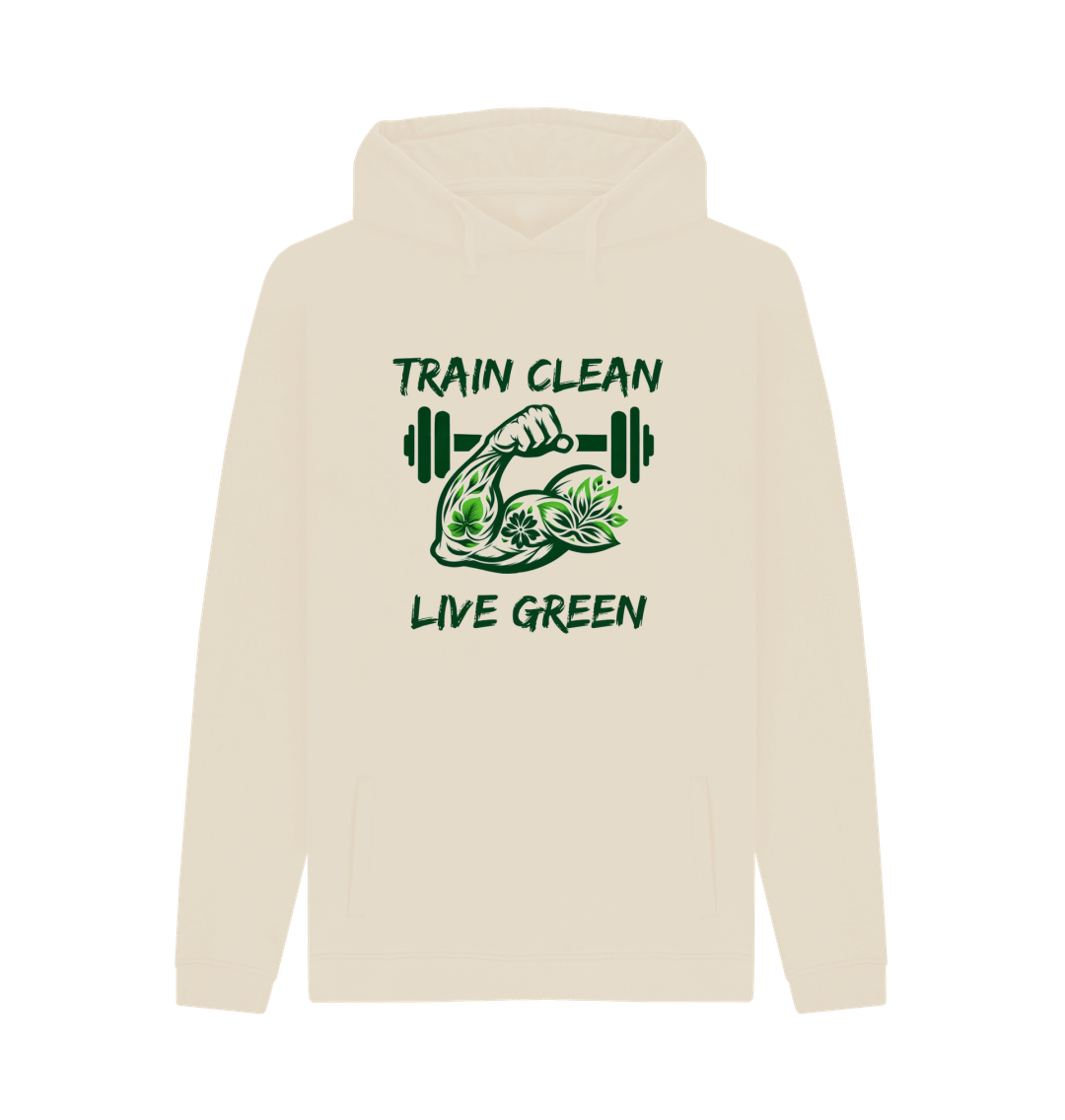 Cream hoodie with "Train Clean Live Green" design