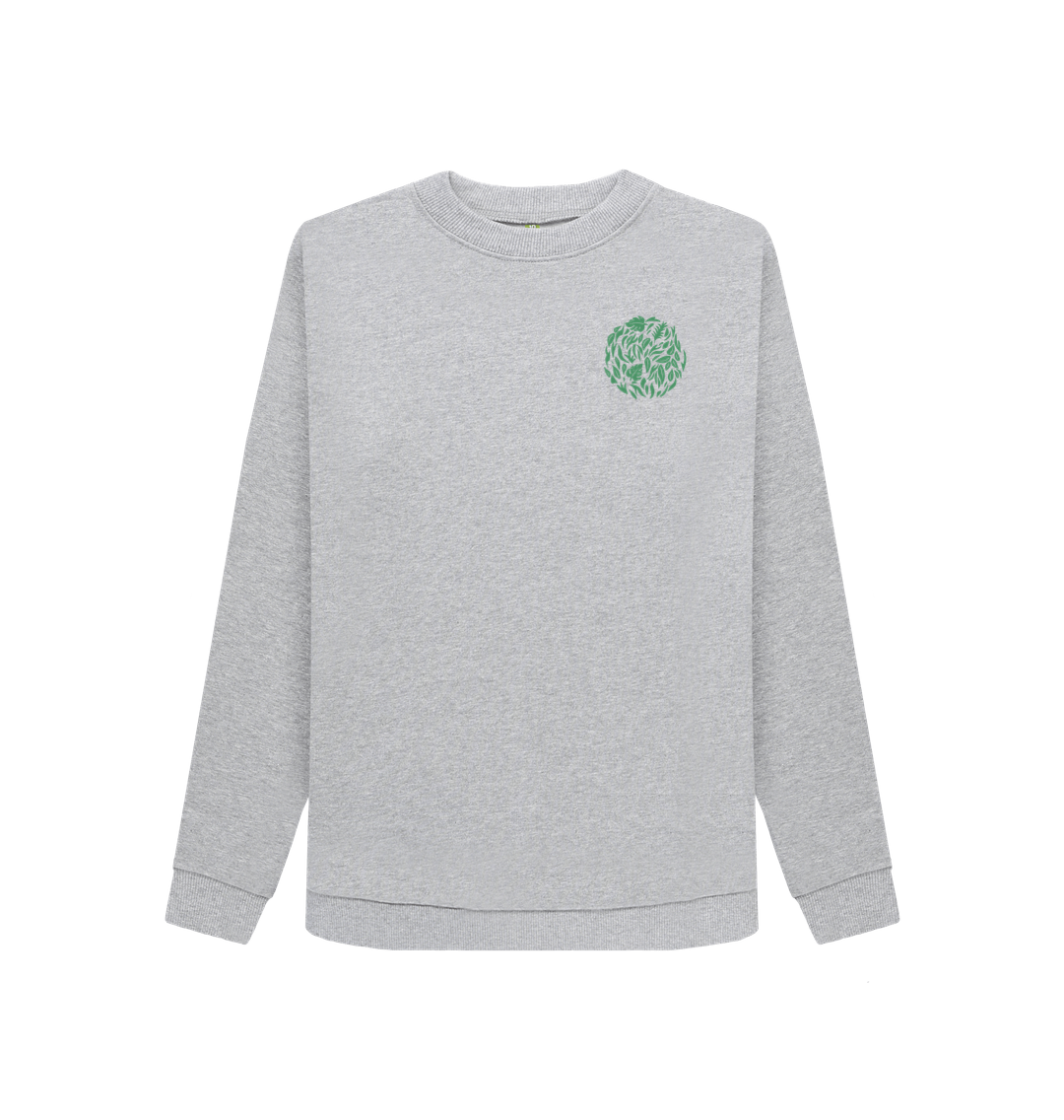 Gray crewneck sweatshirt with green leaf logo