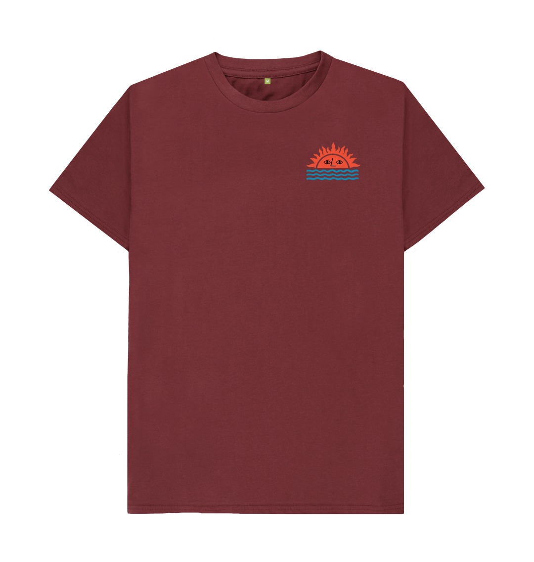 Maroon t-shirt with sun and waves design
