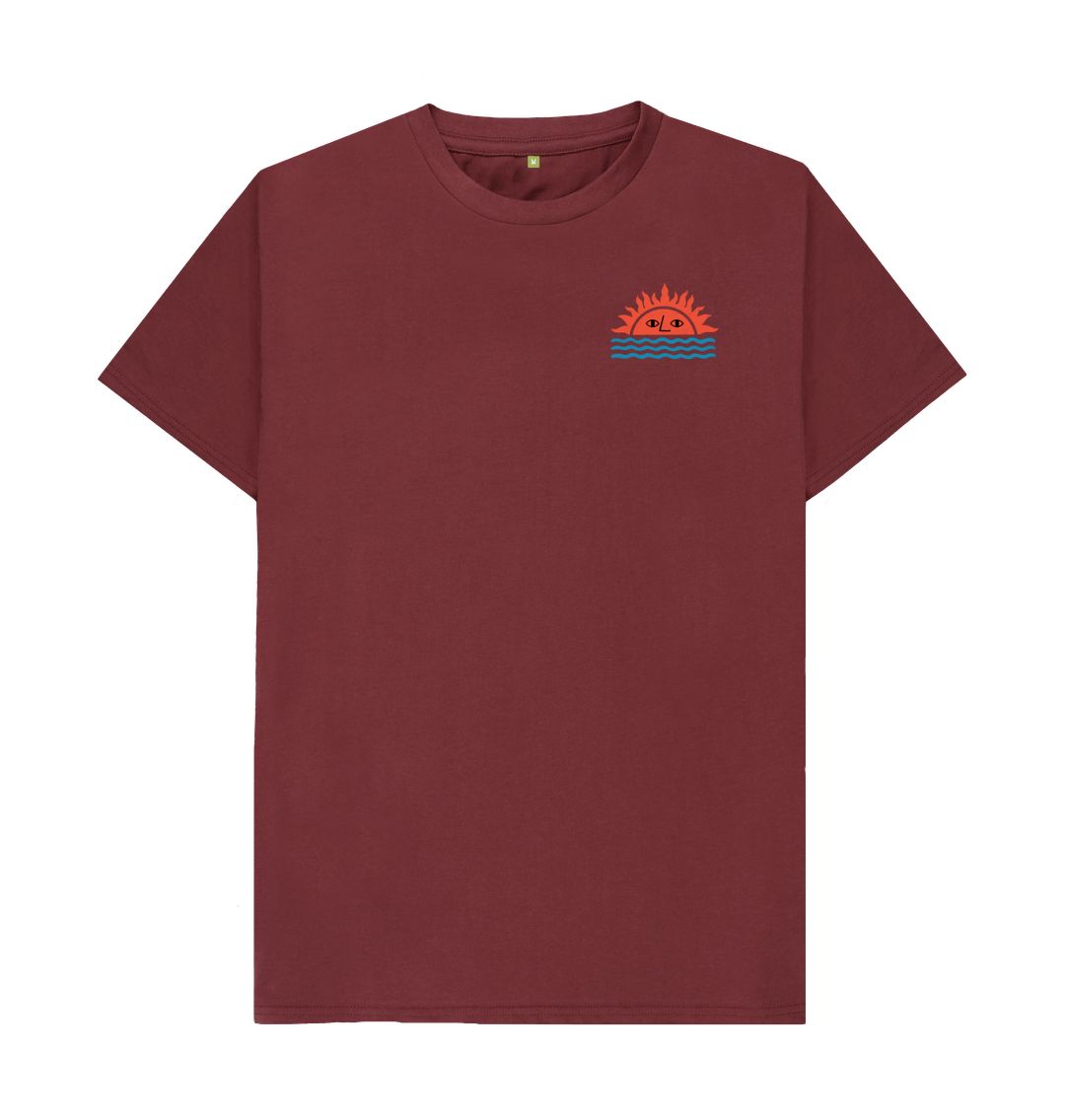 Maroon t-shirt with sun and waves design