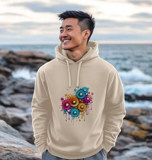 Beige hoodie with colorful gear design (person)