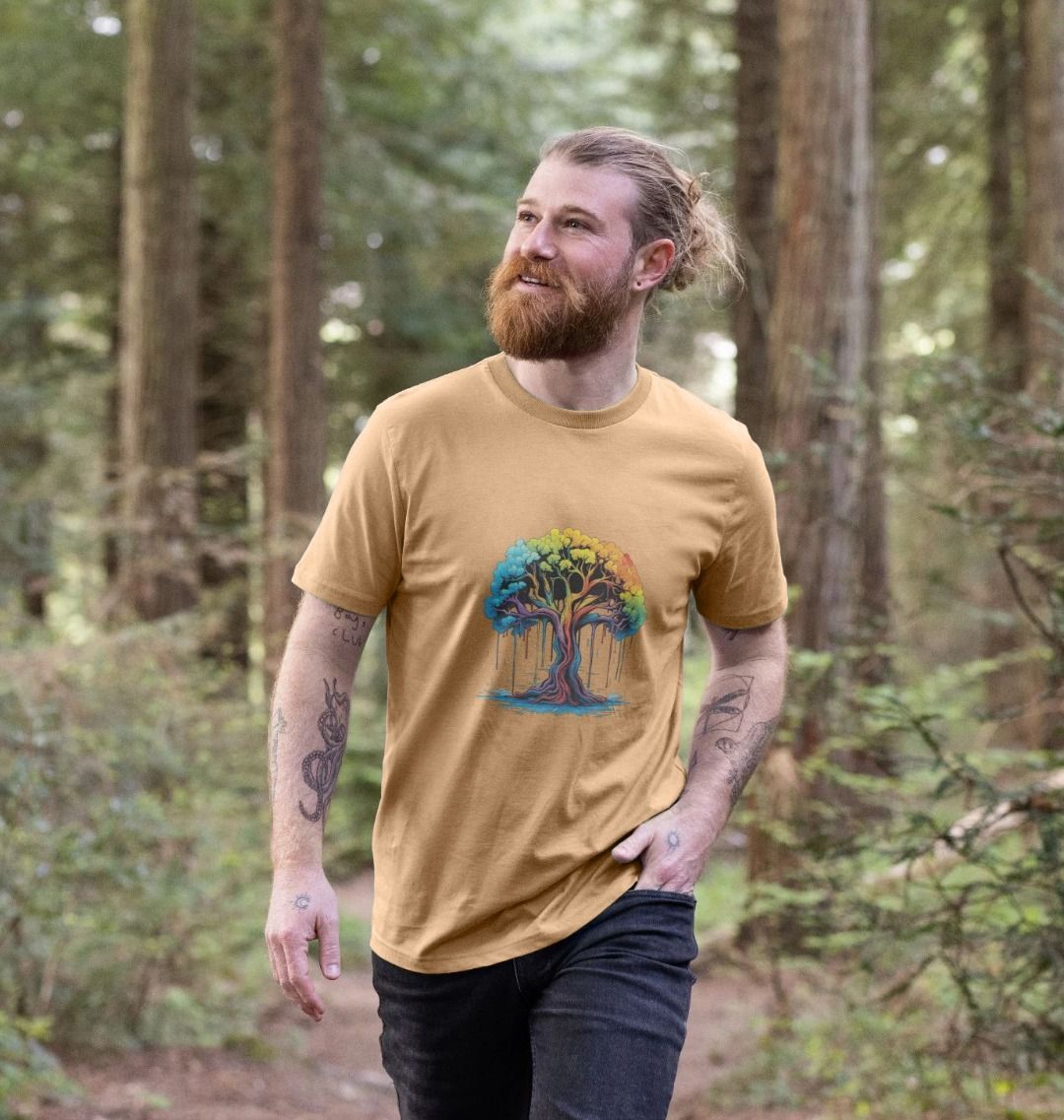 Mustard yellow t-shirt with colorful tree design (person)